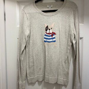 J. Crew Light Gray French Bulldog Teddie Sweater with Sequin Bow Size M